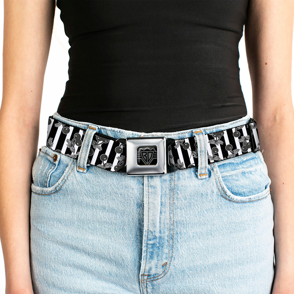 BD Wings Logo CLOSE-UP Full Color Black Silver Seatbelt Belt - Cherries Scattered/Vertical Stripe White/Black/Grays Webbing - Buckle-Down - Flyclothing LLC