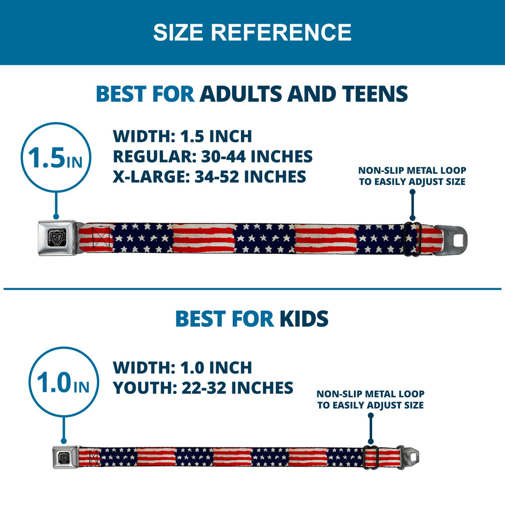 BD Wings Logo CLOSE-UP Full Color Black Silver Seatbelt Belt - Stars & Stripes Painting Webbing - Buckle-Down - Flyclothing LLC