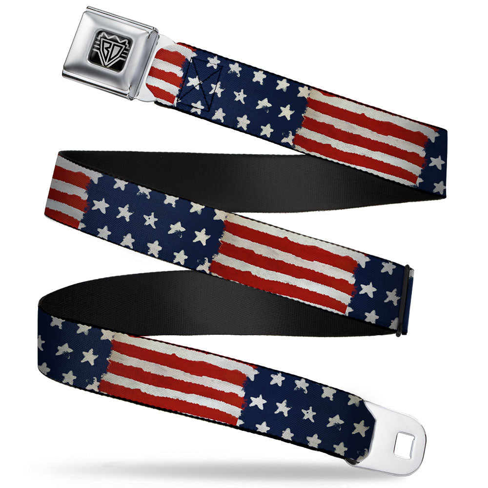 BD Wings Logo CLOSE-UP Full Color Black Silver Seatbelt Belt - Stars & Stripes Painting Webbing - Buckle-Down - Flyclothing LLC