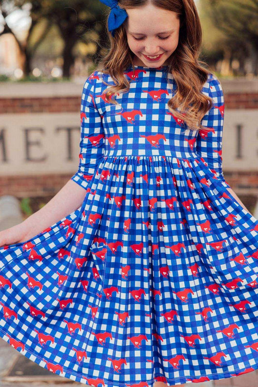 SMU Plaid Mustang 3/4 Sleeve Pocket Twirl Dress - Mila & Rose ® - Flyclothing LLC