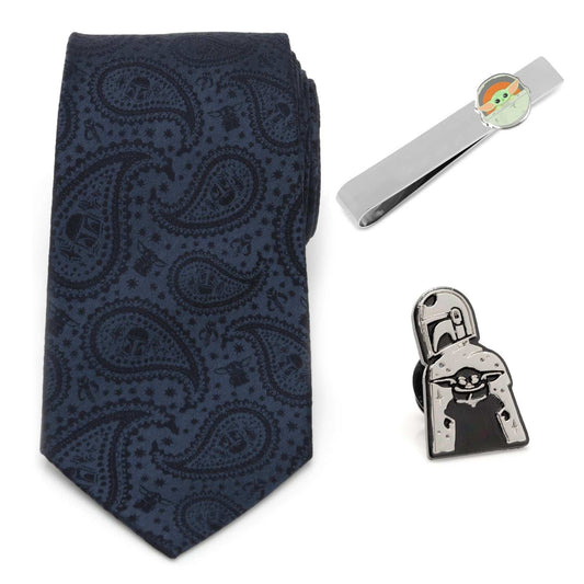 Star Wars Mandalorian and Grogu Navy Paisley Tie, Grogu Tie Bar, and Lapel Pin Gift Set - Cufflinks.com - Flyclothing LLC