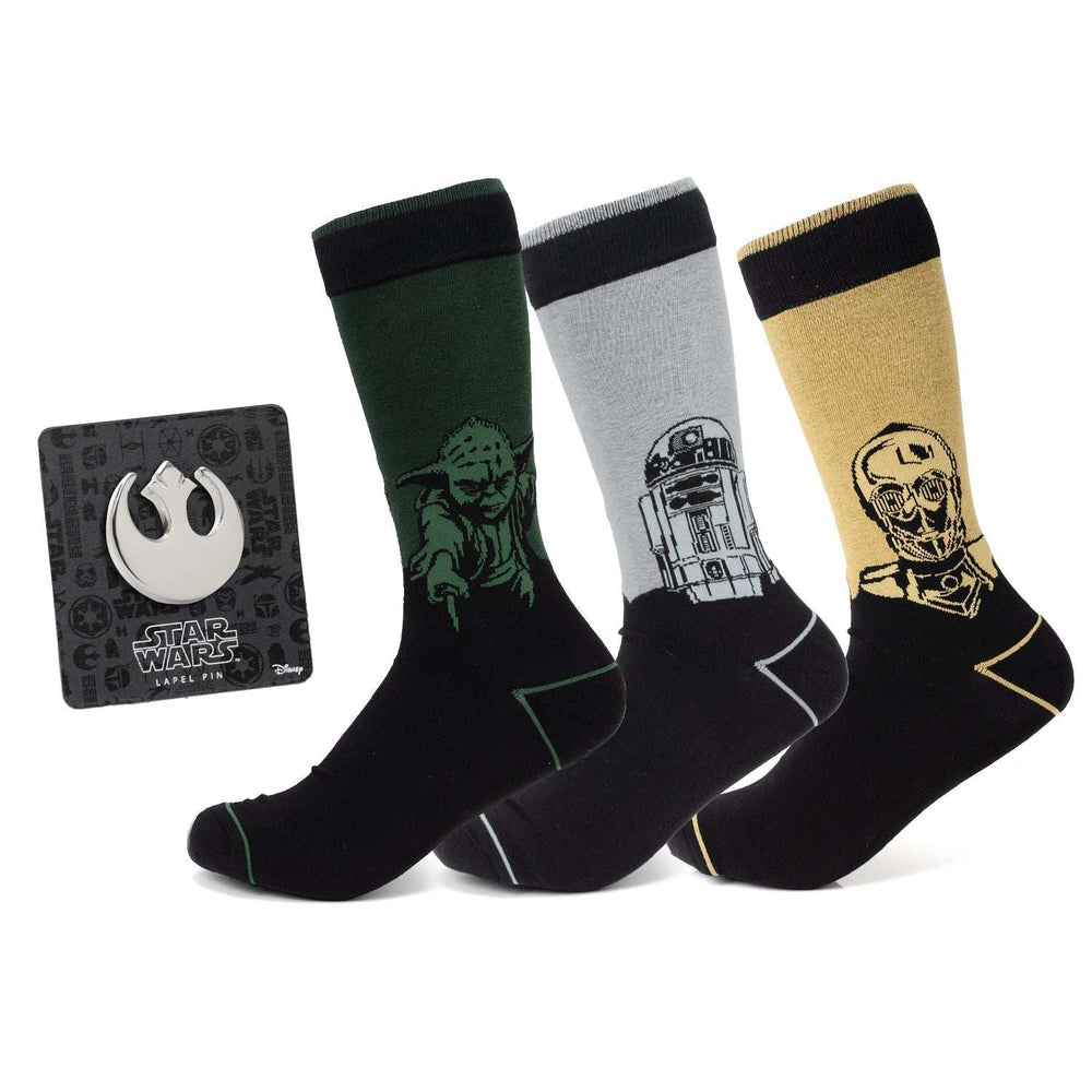 Star Wars Yoda, R2-D2, and C-3PO Dress Socks 3-Pack with Rebel Crest Lapel Pin Gift Set - Cufflinks.com - Flyclothing LLC