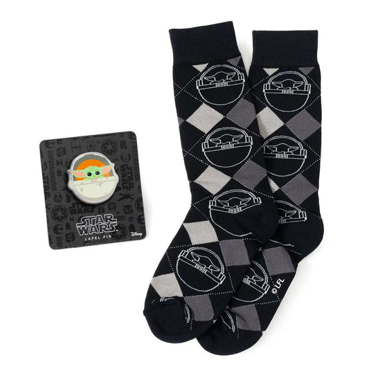 Star Wars Grogu Charcoal Gray Argyle Socks and Lapel Pin Gift Set - Cufflinks.com - Flyclothing LLC