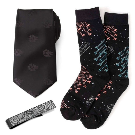 Star Wars Millennium Falcon Black Tie, X-Wing and Tie Fighter Battle Dress Socks, and Hyperspace Glow-in-the-Dark Tie Bar Gift Set - Cufflinks.com - Flyclothing LLC
