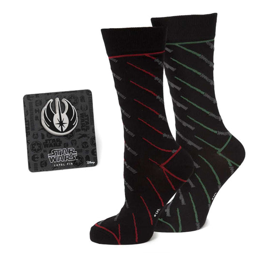Star Wars Green and Red LIGHTSABER Pattern Black Dress Socks with Jedi Crest Lapel Pin Gift Set - Cufflinks.com - Flyclothing LLC