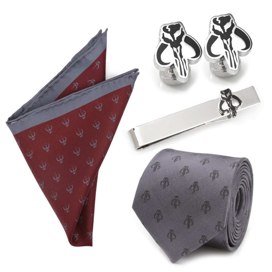Star Wars Mandalorian Mythosaur Gray Tie, Red Pocket Square, Cufflinks, and Tie Bar Gift Set - Cufflinks.com - Flyclothing LLC