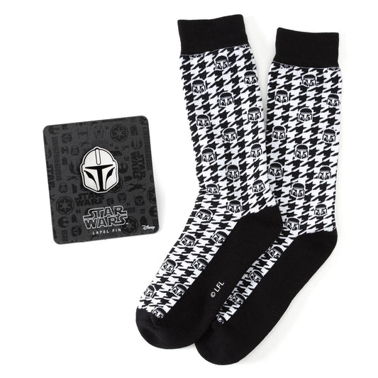 Star Wars Mandalorian Houndstooth Black and White Dress Socks and Lapel Pin Gift Set