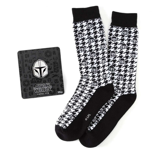Star Wars Mandalorian Houndstooth Black and White Dress Socks and Lapel Pin Gift Set - Cufflinks.com - Flyclothing LLC