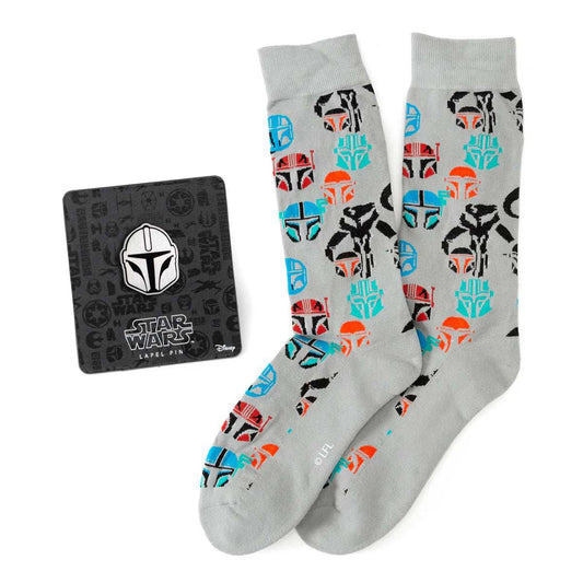 Star Wars Mandalorian and Mythosaur Multicolored Gray Dress Socks and Lapel Pin Gift Set - Cufflinks.com - Flyclothing LLC