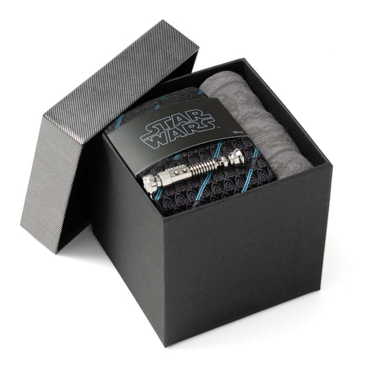 Star Wars Obi-Wan Kenobi Blue LIGHTSABER Pattern Black Tie, Tie Clip, and Gray Jedi Crest Dress Socks Gift Set - Cufflinks.com - Flyclothing LLC