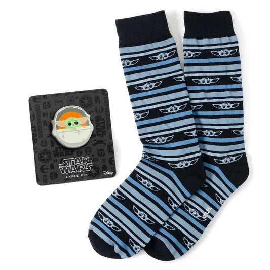 Star Wars Grogu Blue Striped Dress Socks and Lapel Pin Gift Set - Cufflinks.com - Flyclothing LLC