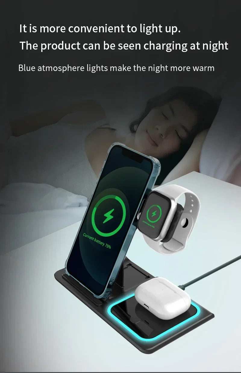 3 In 1 Wireless Charger Foldable LED Light Phone Stand For iPhone 16 15 14 13 12 Apple Watch10-2 AirPods Fast Charging Station - ZeeBelle.com - Flyclothing LLC