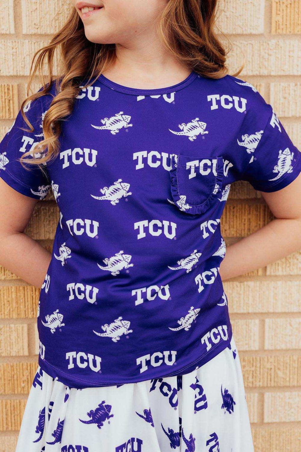 TCU Purple Frog Ruffle Pocket Tee - Mila & Rose ® - Flyclothing LLC