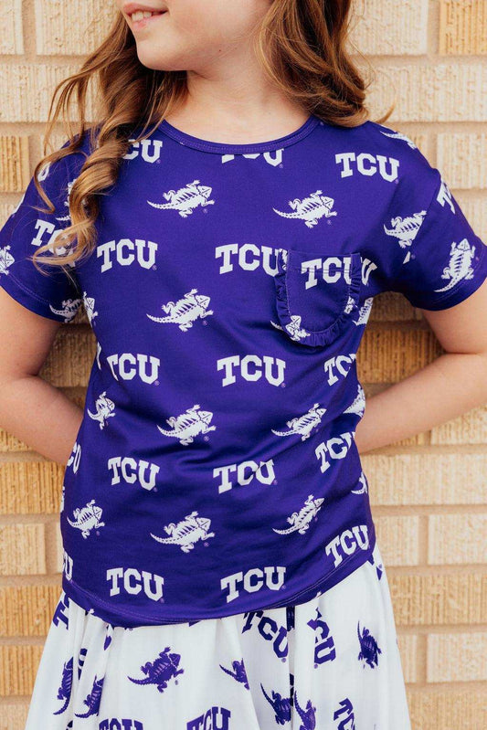 TCU Purple Frog Ruffle Pocket Tee - Mila & Rose ® - Flyclothing LLC