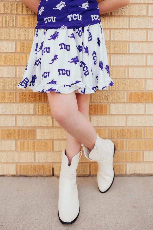 TCU White Frog Ruffle Twirl Skort - Mila & Rose ® - Flyclothing LLC