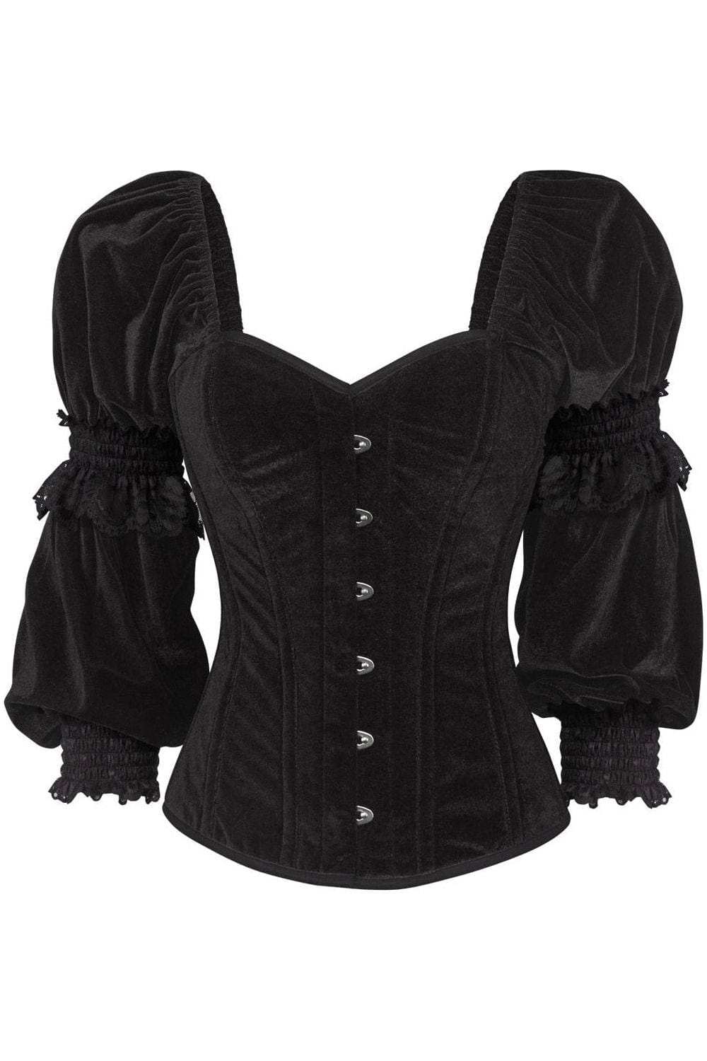 Daisy Corsets Top Drawer Black Velvet Steel Boned Long Sleeve Corset - Daisy Corsets - Flyclothing LLC