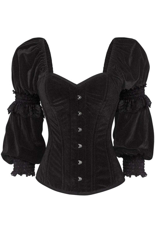 Daisy Corsets Top Drawer Black Velvet Steel Boned Long Sleeve Corset - Daisy Corsets - Flyclothing LLC