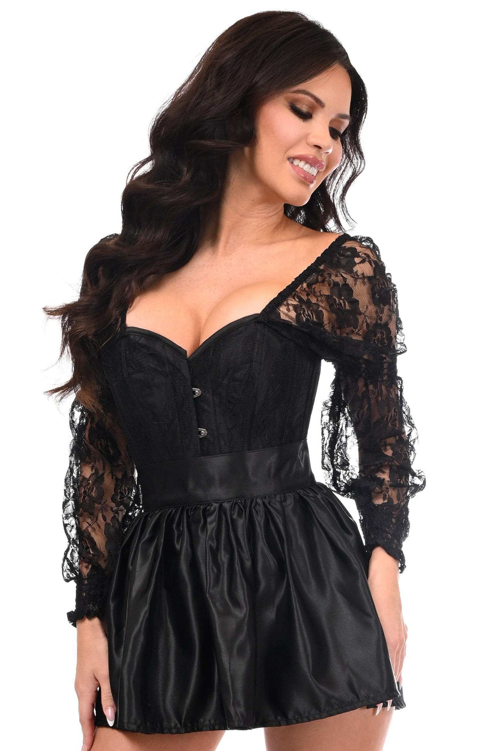 Daisy Corsets Top Drawer 2 PC Black Lace Steel Boned Corset & Satin Skirt Set - Daisy Corsets - Flyclothing LLC