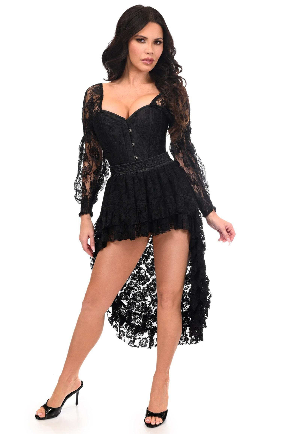 Daisy Corsets Top Drawer 2 PC Black Lace Steel Boned Corset & Lace Skirt Set - Daisy Corsets - Flyclothing LLC
