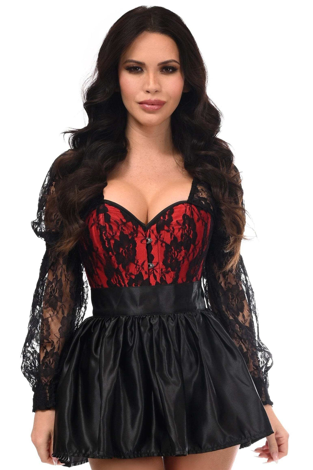 Daisy Corsets Top Drawer 2 PC Red/Black Lace Steel Boned Corset & Satin Skirt Set - Daisy Corsets - Flyclothing LLC