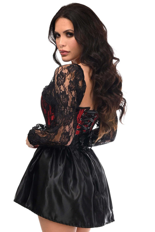 Daisy Corsets Top Drawer 2 PC Red/Black Lace Steel Boned Corset & Satin Skirt Set - Daisy Corsets - Flyclothing LLC