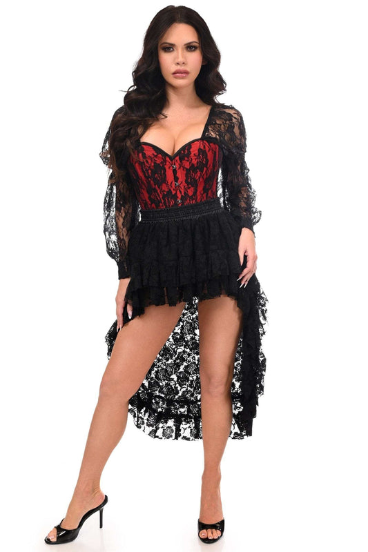 Daisy Corsets Top Drawer 2 PC Red/Black Lace Steel Boned Corset & Lace Skirt Set - Daisy Corsets - Flyclothing LLC