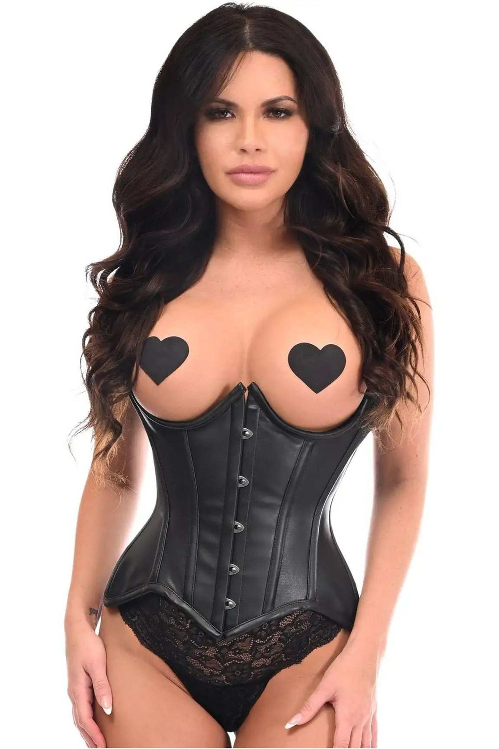 Daisy Corsets Top Drawer Black Faux Leather Steel Boned Underwire Curvy Cut Waist Cincher Corset - Daisy Corsets - Flyclothing LLC