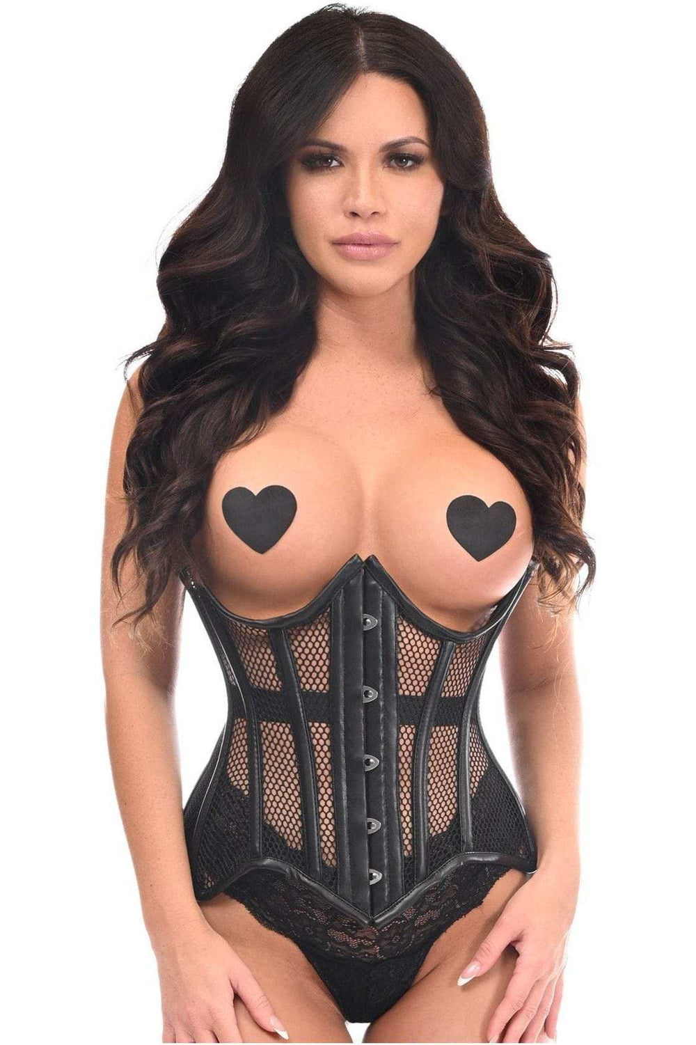 Daisy Corsets Top Drawer Black Fishnet & Faux Leather Steel Boned Underwire Curvy Cut Waist Cincher Corset - Daisy Corsets - Flyclothing LLC