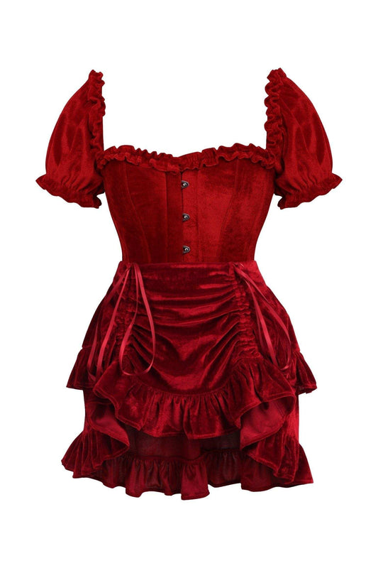 Daisy Corsets Top Drawer 2 PC Dark Red Velvet Steel Boned Corset w/sleeves & Skirt Set - Daisy Corsets - Flyclothing LLC