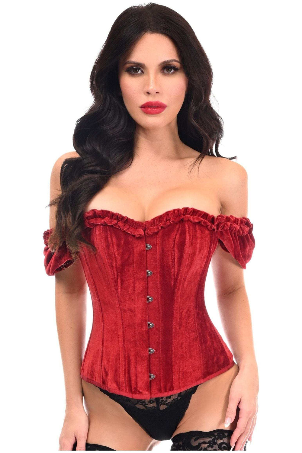 Daisy Corsets Top Drawer Steel Boned Dark Red Velvet Overbust Corset w/Sleeves - Daisy Corsets - Flyclothing LLC