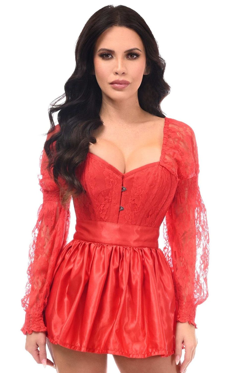 Daisy Corsets Top Drawer 2 PC Red Lace Steel Boned Corset & Satin Skirt Set - Daisy Corsets - Flyclothing LLC