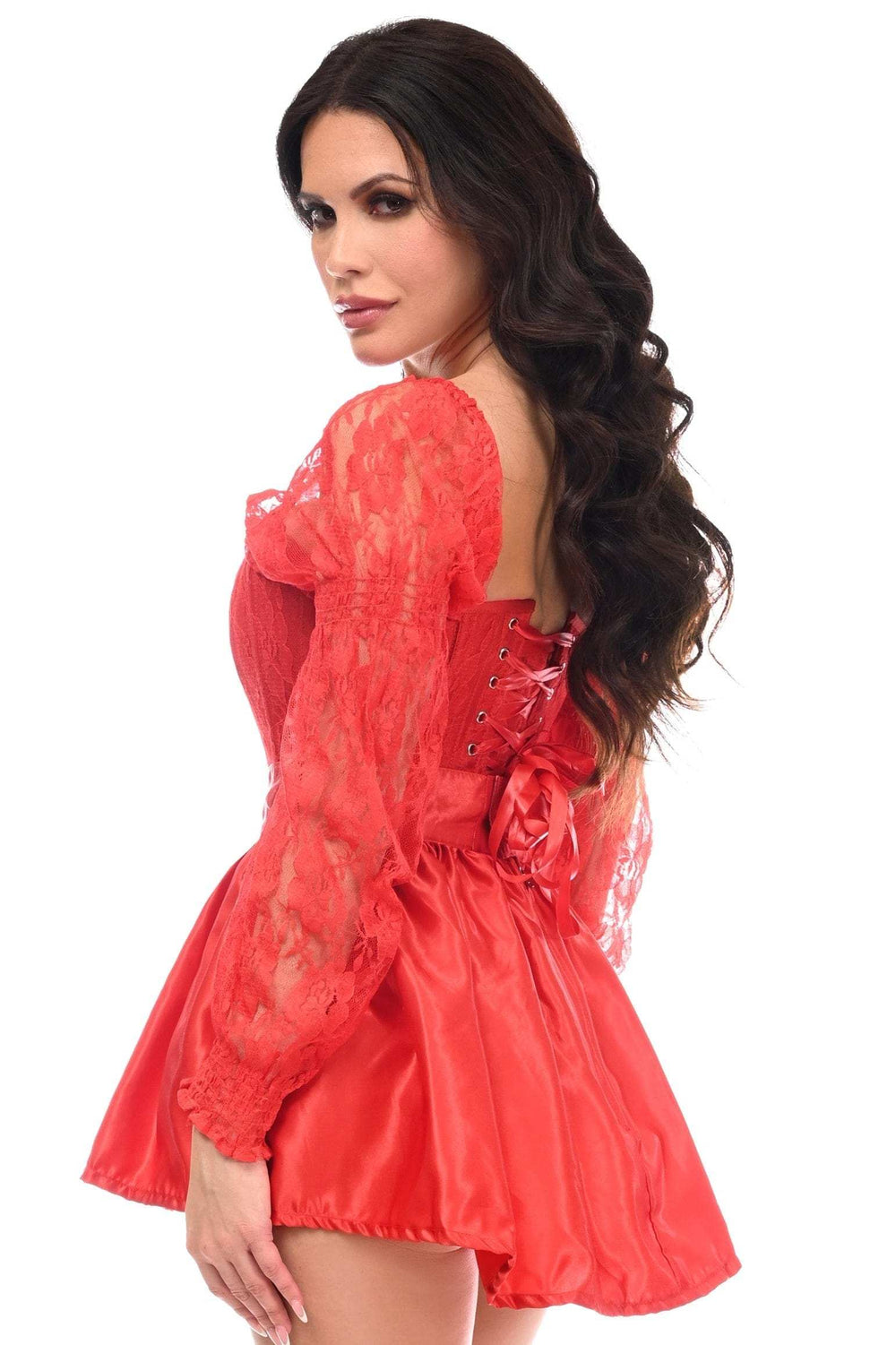 Daisy Corsets Top Drawer 2 PC Red Lace Steel Boned Corset & Satin Skirt Set - Daisy Corsets - Flyclothing LLC