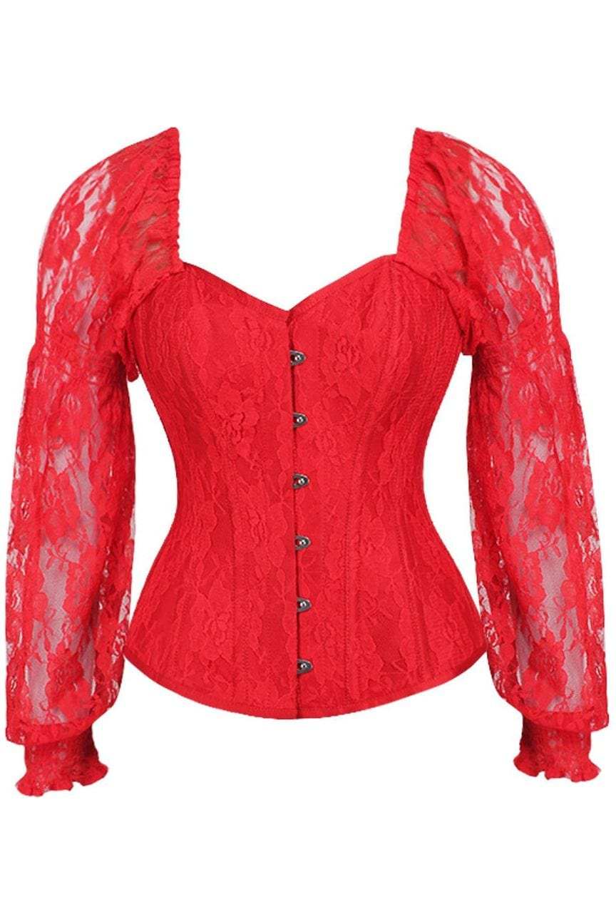 Daisy Corsets Top Drawer Red w/Red Lace Steel Boned Long Sleeve Corset - Daisy Corsets - Flyclothing LLC