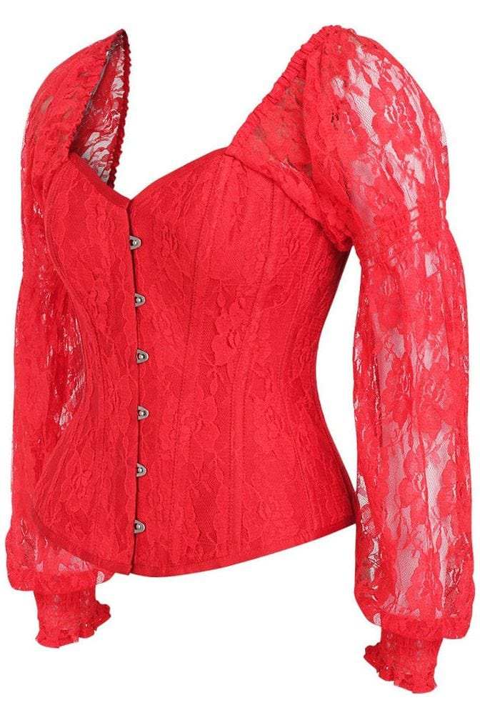Daisy Corsets Top Drawer Red w/Red Lace Steel Boned Long Sleeve Corset - Daisy Corsets - Flyclothing LLC