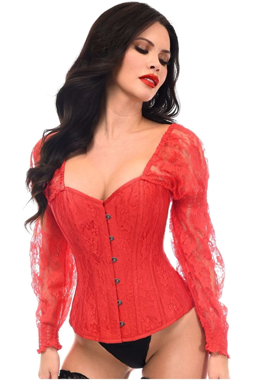 Daisy Corsets Top Drawer Red w/Red Lace Steel Boned Long Sleeve Corset - Daisy Corsets - Flyclothing LLC