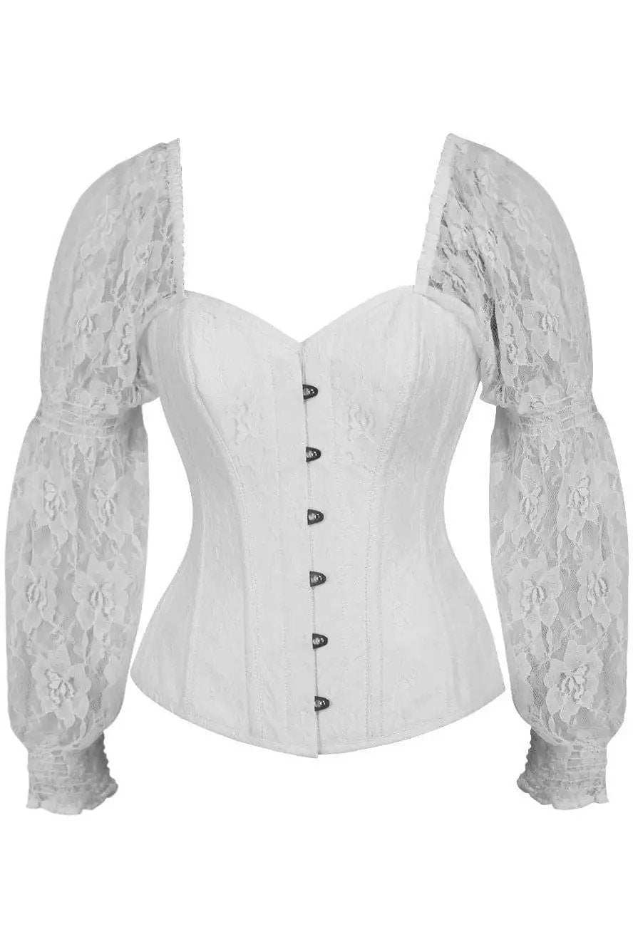 Daisy Corsets Top Drawer White w/White Lace Steel Boned Long Sleeve Corset - Daisy Corsets - Flyclothing LLC