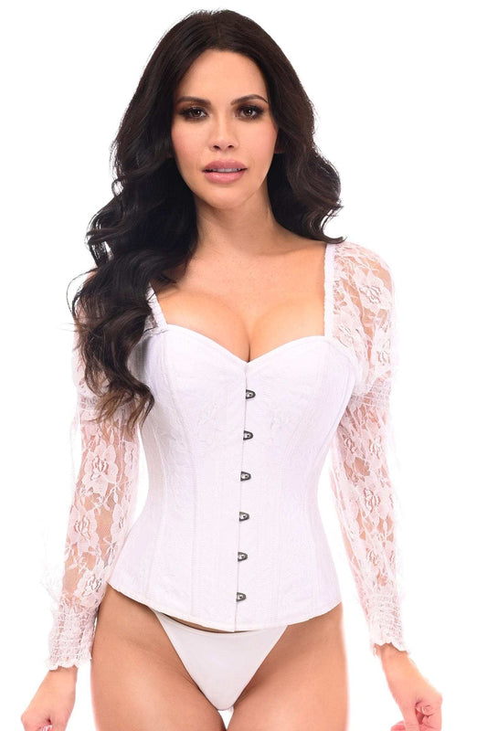 Daisy Corsets Top Drawer White w/White Lace Steel Boned Long Sleeve Corset - Daisy Corsets - Flyclothing LLC