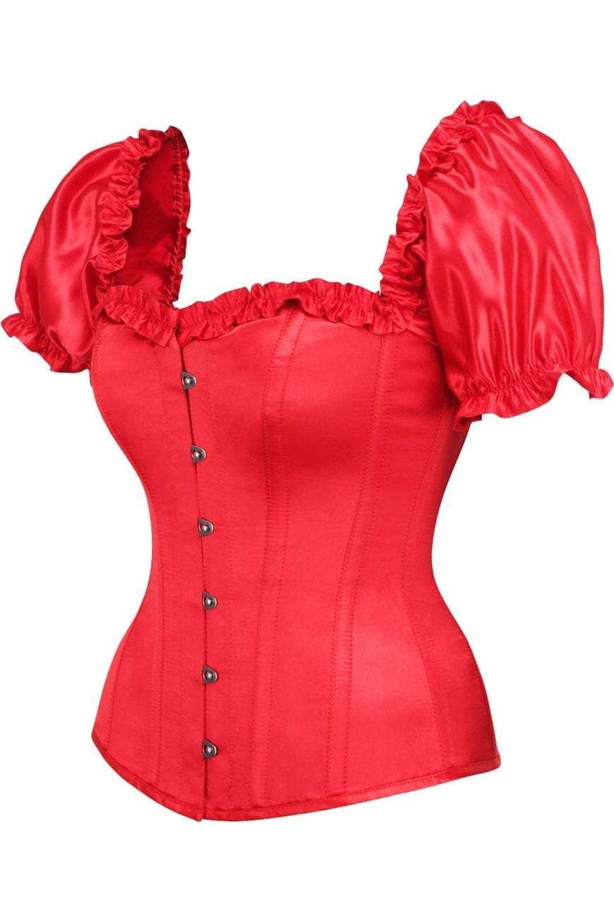 Daisy Corsets Top Drawer Steel Boned Red Satin Overbust Corset w/Sleeves - Daisy Corsets - Flyclothing LLC