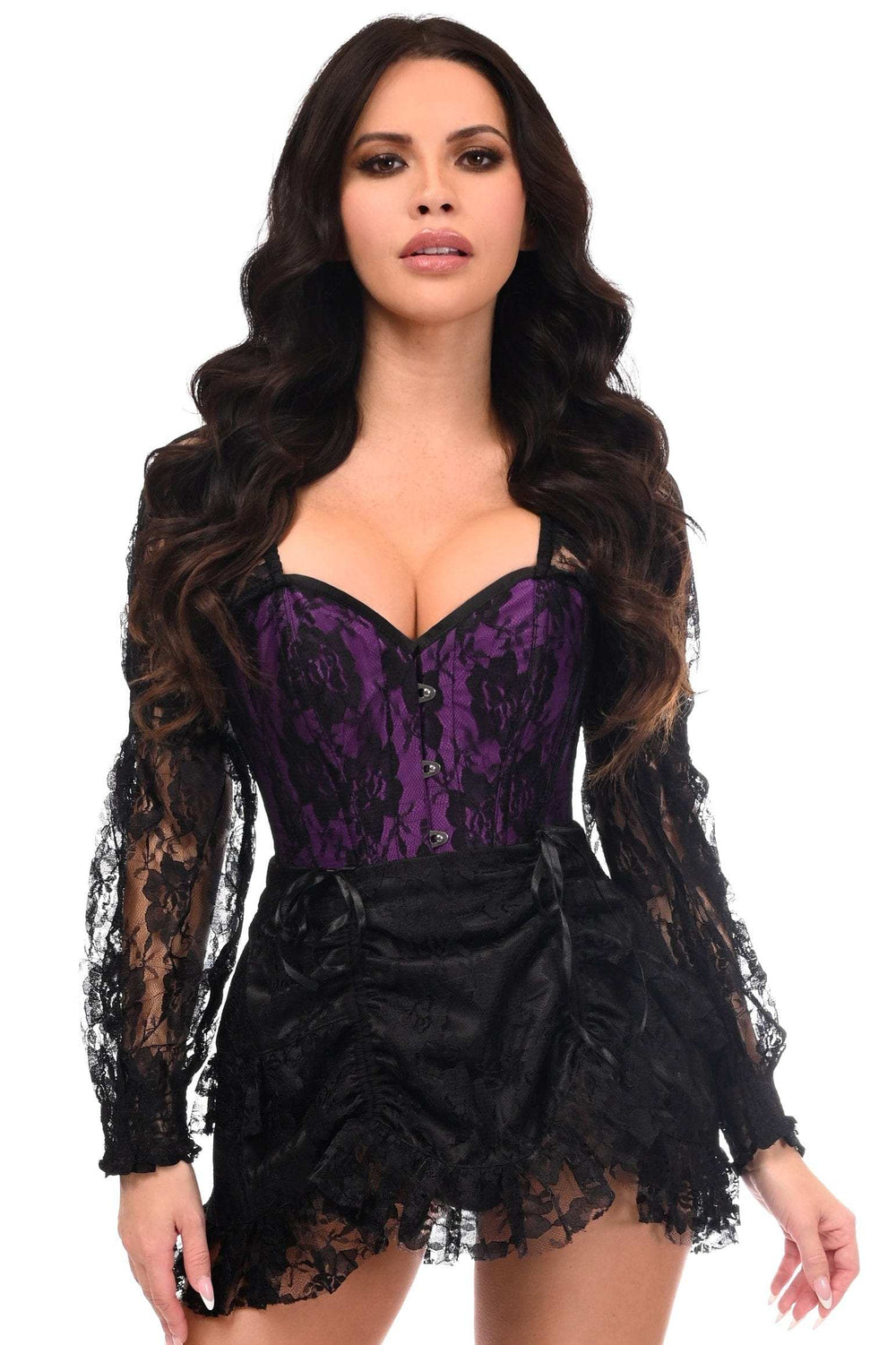 Daisy Corsets Top Drawer 2 PC Black/Purple Lace Steel Boned Corset & Skirt Set - Daisy Corsets - Flyclothing LLC