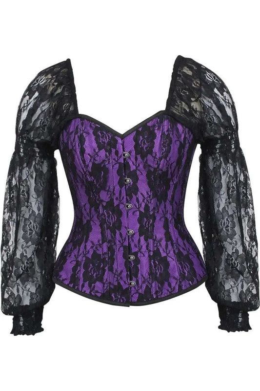 Daisy Corsets Top Drawer Purple w/Black Lace Steel Boned Long Sleeve Corset - Daisy Corsets - Flyclothing LLC