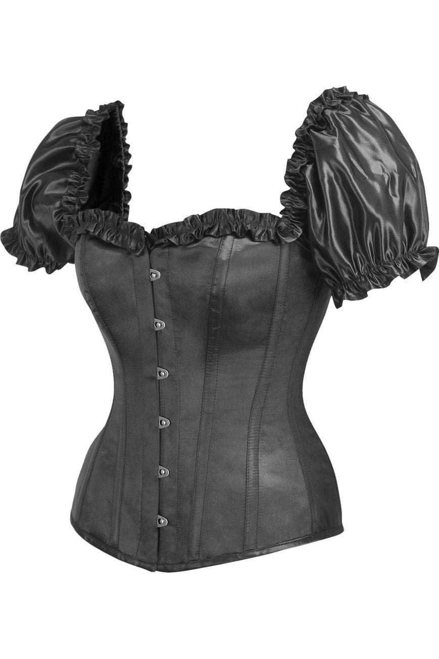 Daisy Corsets Top Drawer Steel Boned Black Satin Overbust Corset w/Sleeves - Daisy Corsets - Flyclothing LLC