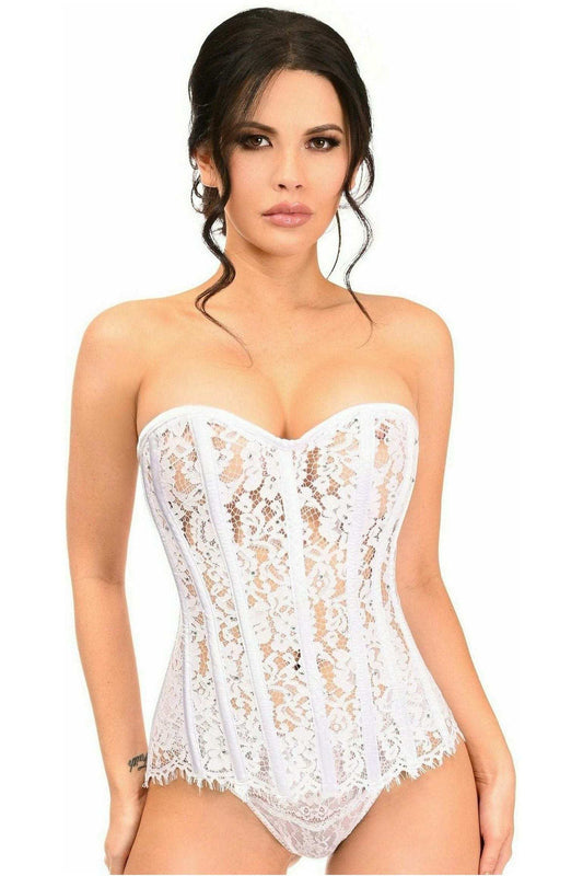 Daisy Corsets Top Drawer White Lace Steel Boned Corset w/Rhinestones - Daisy Corsets - Flyclothing LLC