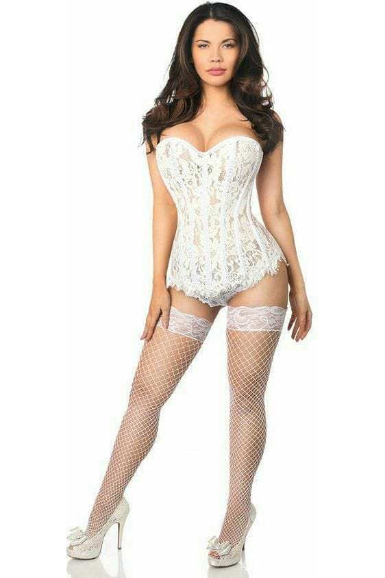 Daisy Corsets Top Drawer White Lace Steel Boned Corset w/Rhinestones - Daisy Corsets - Flyclothing LLC