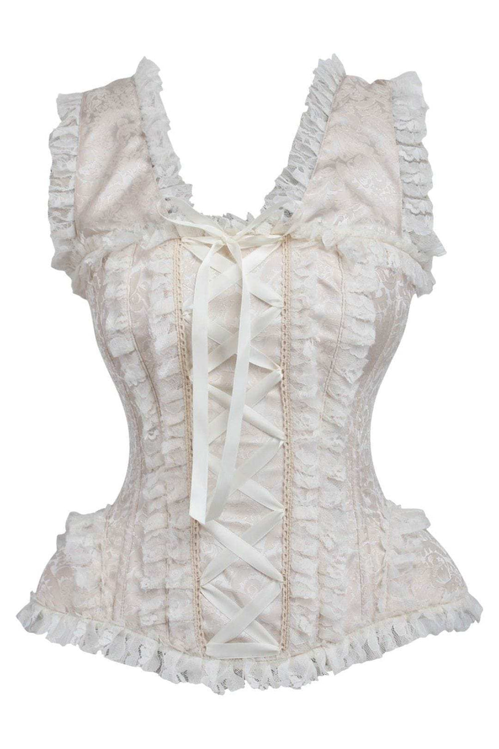 Daisy Corsets Top Drawer Ivory Brocade & Lace Steel Boned Corset w/Cap Sleeves - Daisy Corsets - Flyclothing LLC