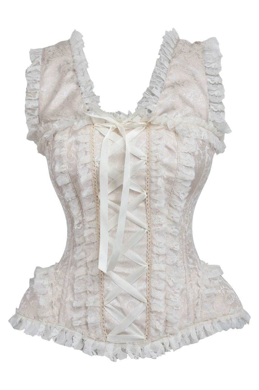 Daisy Corsets Top Drawer Ivory Brocade & Lace Steel Boned Corset w/Cap Sleeves - Daisy Corsets - Flyclothing LLC