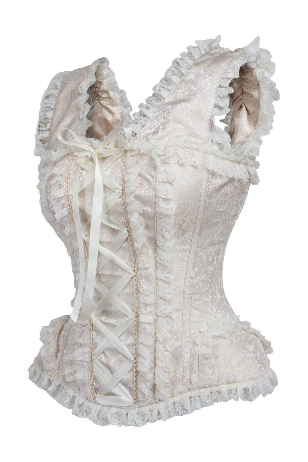 Daisy Corsets Top Drawer Ivory Brocade & Lace Steel Boned Corset w/Cap Sleeves - Daisy Corsets - Flyclothing LLC