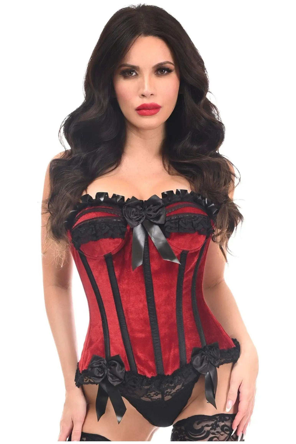 Daisy Corsets Top Drawer Dark Red Velvet Steel Boned Burlesque Corset - Daisy Corsets - Flyclothing LLC