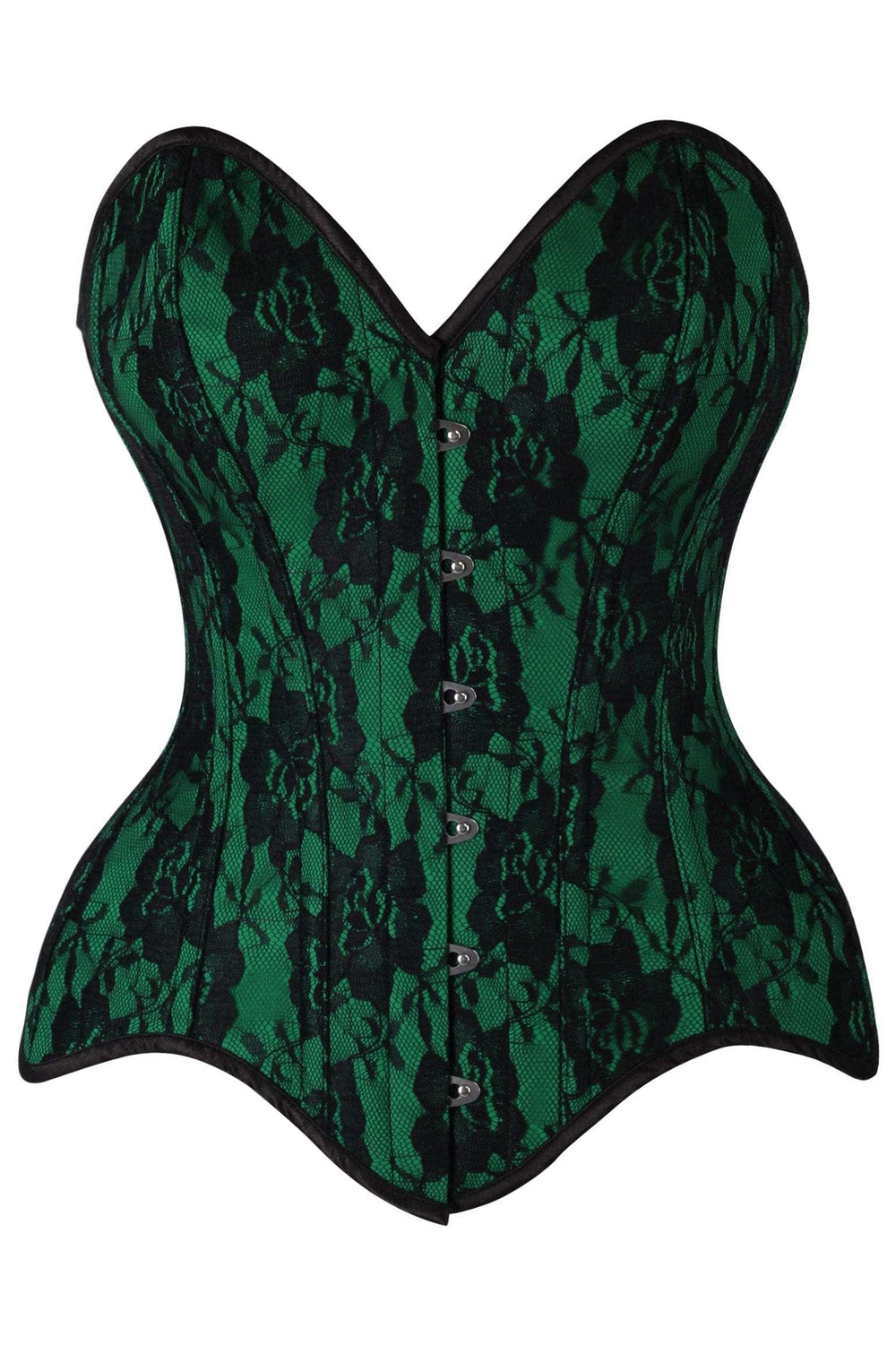 Daisy Corsets Top Drawer Green Satin w/Black Lace Overlay Steel Boned Overbust Corset - Daisy Corsets - Flyclothing LLC