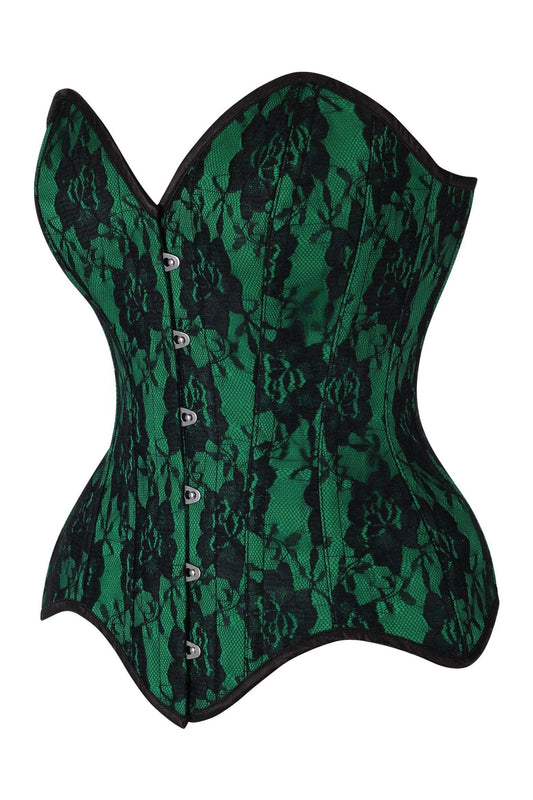 Daisy Corsets Top Drawer Green Satin w/Black Lace Overlay Steel Boned Overbust Corset - Daisy Corsets - Flyclothing LLC