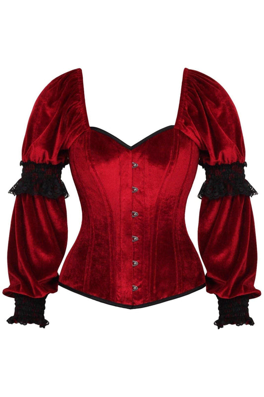 Daisy Corsets Top Drawer Dark Red Velvet Steel Boned Long Sleeve Corset - Daisy Corsets - Flyclothing LLC